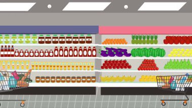 Hipermarkette yürüyen insanların çizgi film animasyonları, gıda ürünleri