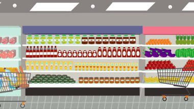 Hipermarkette yürüyen insanların çizgi film animasyonları, gıda ürünleri