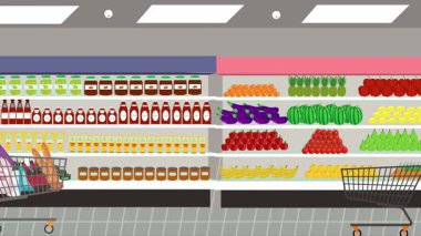 Hipermarkette yürüyen insanların çizgi film animasyonları, gıda ürünleri