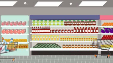 Hipermarkette yürüyen insanların çizgi film animasyonları, gıda ürünleri