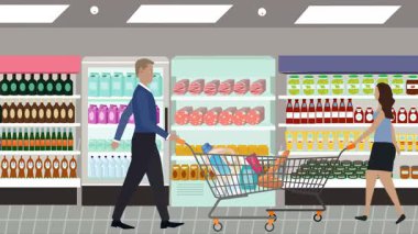 Hipermarkette yürüyen insanların çizgi film animasyonları, gıda ürünleri