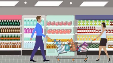 Hipermarkette yürüyen insanların çizgi film animasyonları, gıda ürünleri