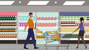 Hipermarkette yürüyen insanların çizgi film animasyonları, gıda ürünleri