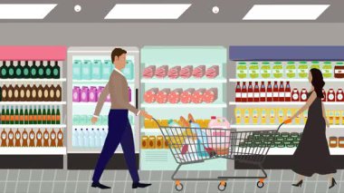 Hipermarkette yürüyen insanların çizgi film animasyonları, gıda ürünleri