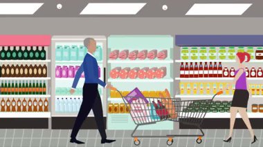 Hipermarkette yürüyen insanların çizgi film animasyonları, gıda ürünleri