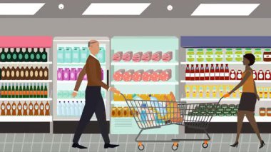 Hipermarkette yürüyen insanların çizgi film animasyonları, gıda ürünleri