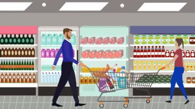 Hipermarkette yürüyen insanların çizgi film animasyonları, gıda ürünleri