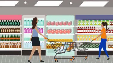 Hipermarkette yürüyen insanların çizgi film animasyonları, gıda ürünleri