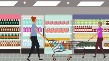 Hipermarkette yürüyen insanların çizgi film animasyonları, gıda ürünleri