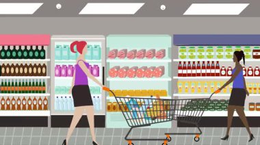 Hipermarkette yürüyen insanların çizgi film animasyonları, gıda ürünleri