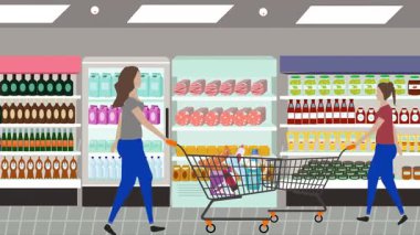 Hipermarkette yürüyen insanların çizgi film animasyonları, gıda ürünleri