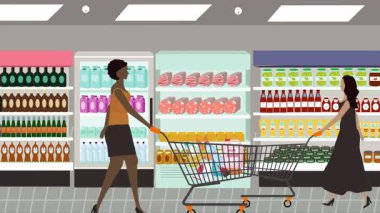 Hipermarkette yürüyen insanların çizgi film animasyonları, gıda ürünleri