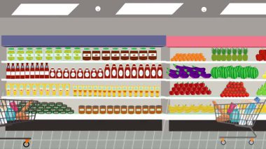 Hipermarkette yürüyen insanların çizgi film animasyonları, gıda ürünleri