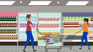 Hipermarkette yürüyen insanların çizgi film animasyonları, gıda ürünleri