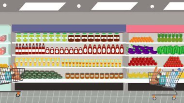 Hipermarkette yürüyen insanların çizgi film animasyonları, gıda ürünleri