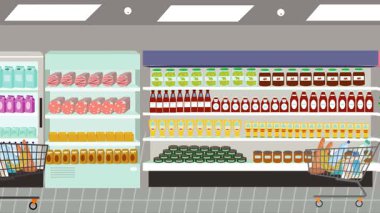 Hipermarkette yürüyen insanların çizgi film animasyonları, gıda ürünleri