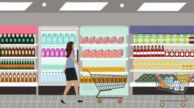 Hipermarkette yürüyen insanların çizgi film animasyonları, gıda ürünleri