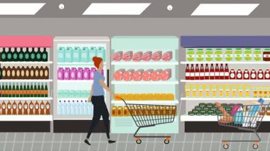 Hipermarkette yürüyen insanların çizgi film animasyonları, gıda ürünleri