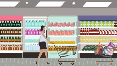 Hipermarkette yürüyen insanların çizgi film animasyonları, gıda ürünleri