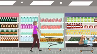 Hipermarkette yürüyen insanların çizgi film animasyonları, gıda ürünleri