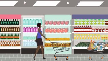 Hipermarkette yürüyen insanların çizgi film animasyonları, gıda ürünleri