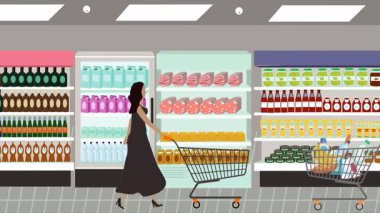 Hipermarkette yürüyen insanların çizgi film animasyonları, gıda ürünleri