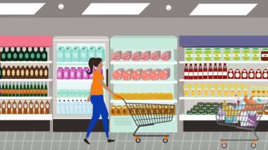 Hipermarkette yürüyen insanların çizgi film animasyonları, gıda ürünleri