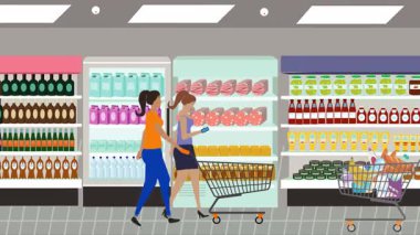 Hipermarkette yürüyen insanların çizgi film animasyonları, gıda ürünleri