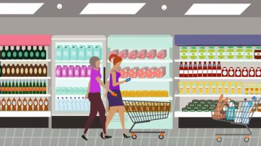 Hipermarkette yürüyen insanların çizgi film animasyonları, gıda ürünleri