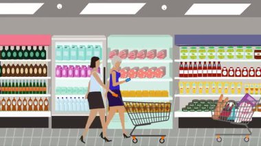 Hipermarkette yürüyen insanların çizgi film animasyonları, gıda ürünleri