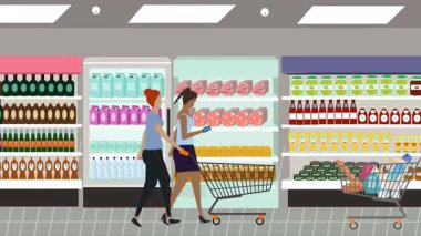 Hipermarkette yürüyen insanların çizgi film animasyonları, gıda ürünleri