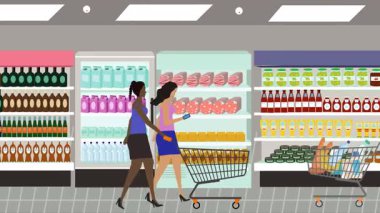 Hipermarkette yürüyen insanların çizgi film animasyonları, gıda ürünleri