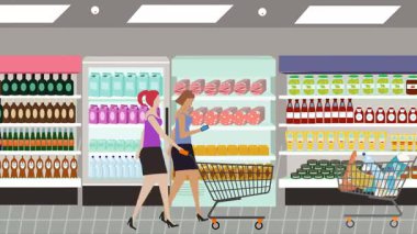 Hipermarkette yürüyen insanların çizgi film animasyonları, gıda ürünleri