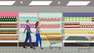 Hipermarkette yürüyen insanların çizgi film animasyonları, gıda ürünleri