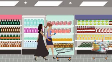 Hipermarkette yürüyen insanların çizgi film animasyonları, gıda ürünleri