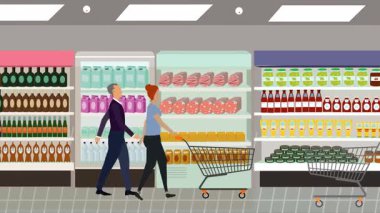 Hipermarkette yürüyen insanların çizgi film animasyonları, gıda ürünleri