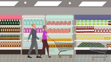 Hipermarkette yürüyen insanların çizgi film animasyonları, gıda ürünleri