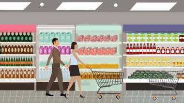 Hipermarkette yürüyen insanların çizgi film animasyonları, gıda ürünleri