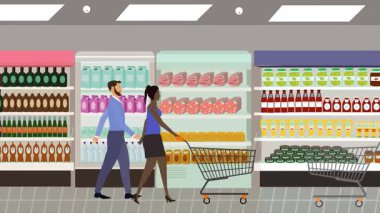 Hipermarkette yürüyen insanların çizgi film animasyonları, gıda ürünleri