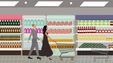 Hipermarkette yürüyen insanların çizgi film animasyonları, gıda ürünleri