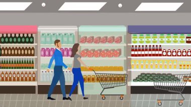 Hipermarkette yürüyen insanların çizgi film animasyonları, gıda ürünleri