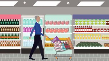 Hipermarkette yürüyen insanların çizgi film animasyonları, gıda ürünleri