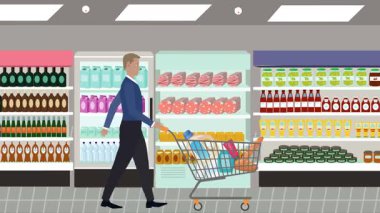 Hipermarkette yürüyen insanların çizgi film animasyonları, gıda ürünleri