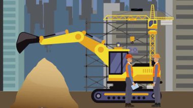 İnşaat alanı, şehrin sınırında mühendisler ve inşa makineleriyle çalışıyor.