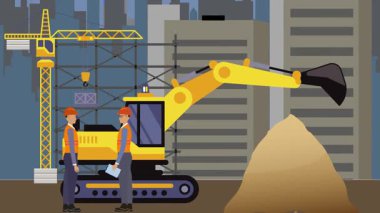 İnşaat alanı, şehrin sınırında mühendisler ve inşa makineleriyle çalışıyor.