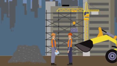 İnşaat alanı, şehrin sınırında mühendisler ve inşa makineleriyle çalışıyor.