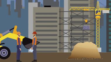 İnşaat alanı, şehrin sınırında mühendisler ve inşa makineleriyle çalışıyor.