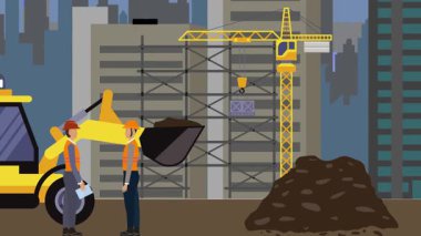 İnşaat alanı, şehrin sınırında mühendisler ve inşa makineleriyle çalışıyor.