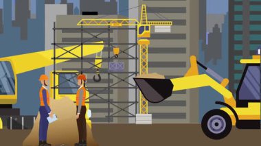 İnşaat alanı, şehrin sınırında mühendisler ve inşa makineleriyle çalışıyor.