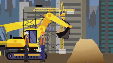 İnşaat alanı, şehrin sınırında mühendisler ve inşa makineleriyle çalışıyor.